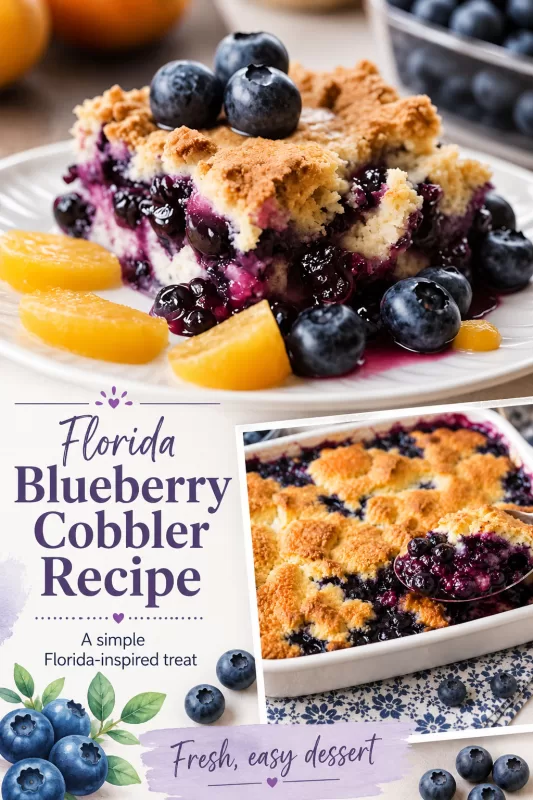 Florida blueberry cobbler recipe with close-up cobbler photos, fresh blueberries, and purple recipe text