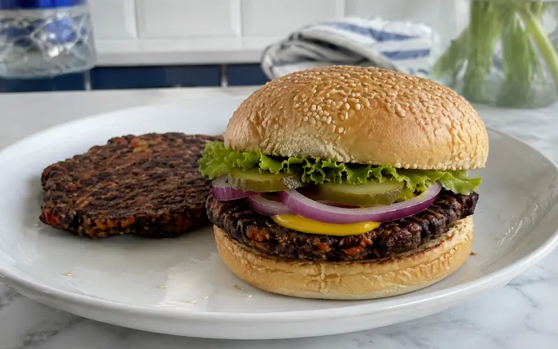 Homemade veggie burger without mushrooms made with black beans, carrots, red bell pepper, oats, and flaxseed.