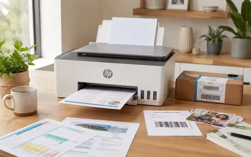Home printer on a kitchen counter with printed documents, a return shipping label, photo prints, and a package ready to mail.