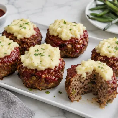 Meatloaf muffins topped with creamy mashed potatoes and parsley, with one cut open to show the tender center.
