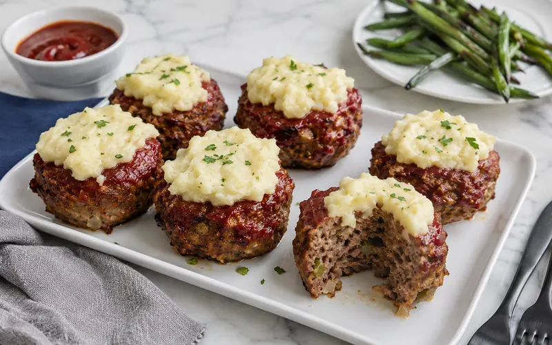 Meatloaf muffins topped with creamy mashed potatoes and parsley, with one cut open to show the tender center.