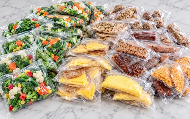Personal Trainer Food meals arranged on a bright marble kitchen counter