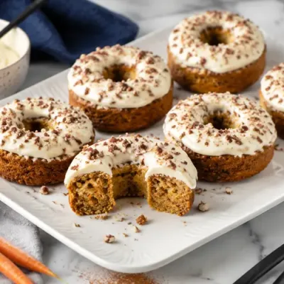 Baked carrot cake donuts with cream cheese frosting and chopped pecans