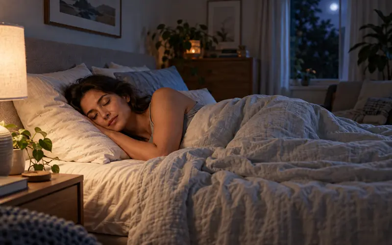 Woman sleeping comfortably in a cool, softly lit bedroom with lightweight bedding