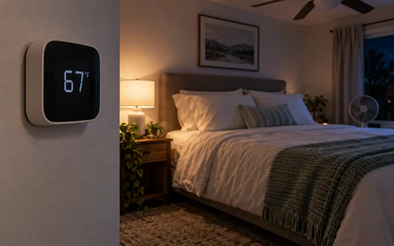 Bedroom thermostat set to a cool temperature beside a neatly made bed