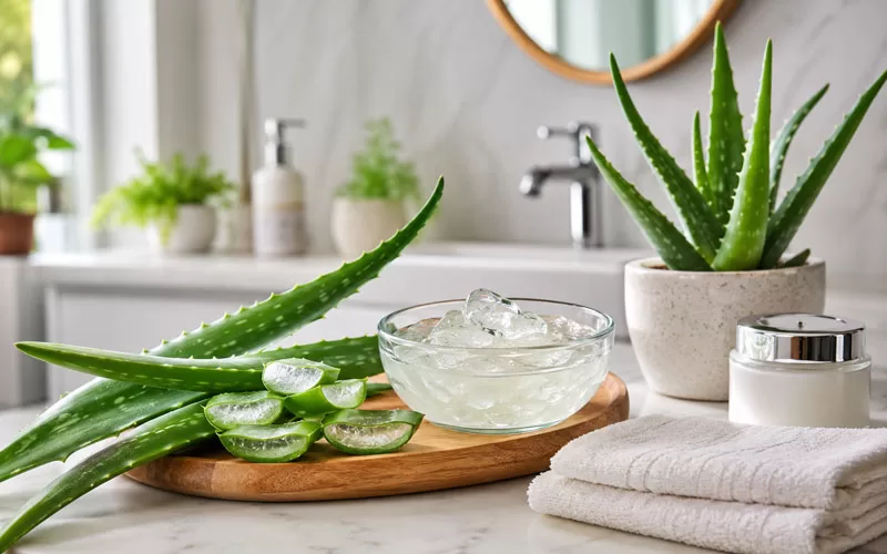 Aloe vera leaves, clear aloe gel, soft towels, and moisturizer arranged on a bright bathroom vanity.