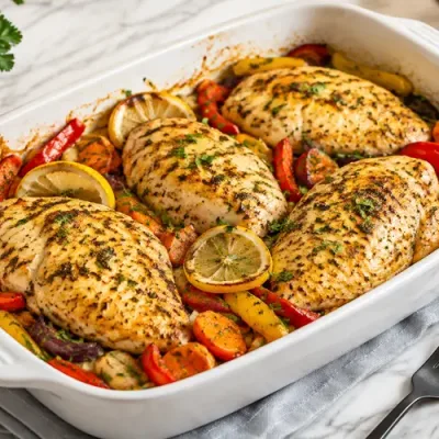 Baked lemon herb chicken breasts with roasted peppers, carrots, red onion, and lemon slices.