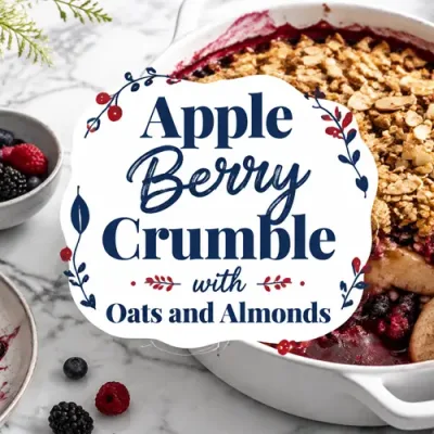 Apple berry crumble topped with golden oats and sliced almonds in a white baking dish