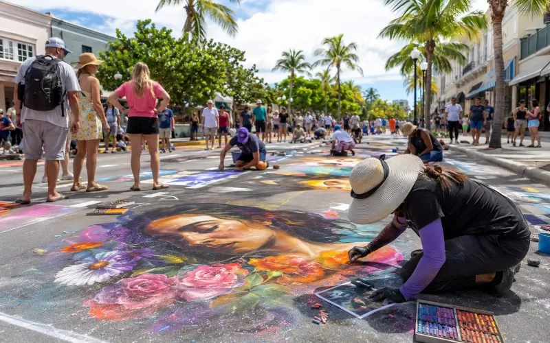 Artists creating colorful chalk art on a sunny downtown street during a South Florida street painting festival.