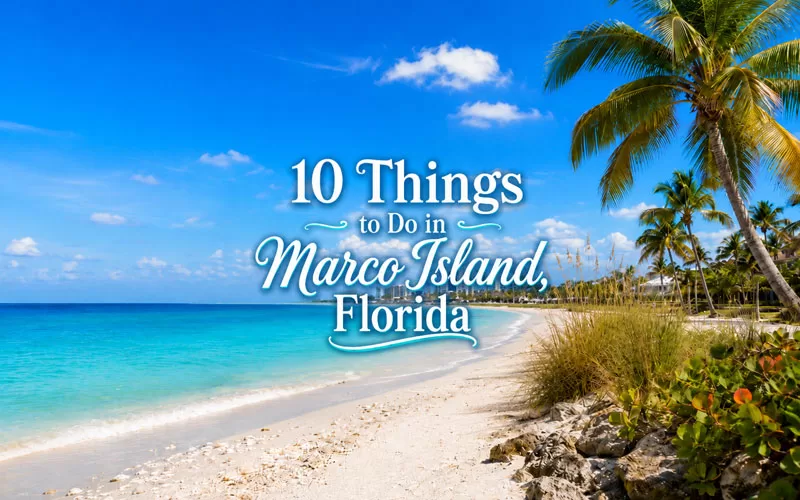 Marco Island beach with turquoise water, palm trees, and the article title centered over the image