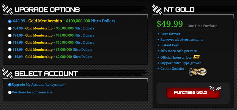 nitro type account with gold