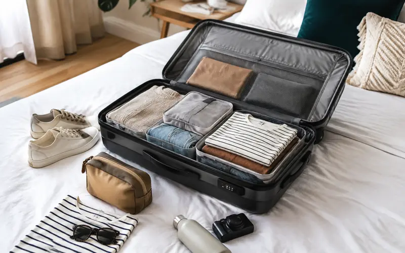 Open suitcase packed with organized clothing, packing cubes, shoes, and travel essentials.