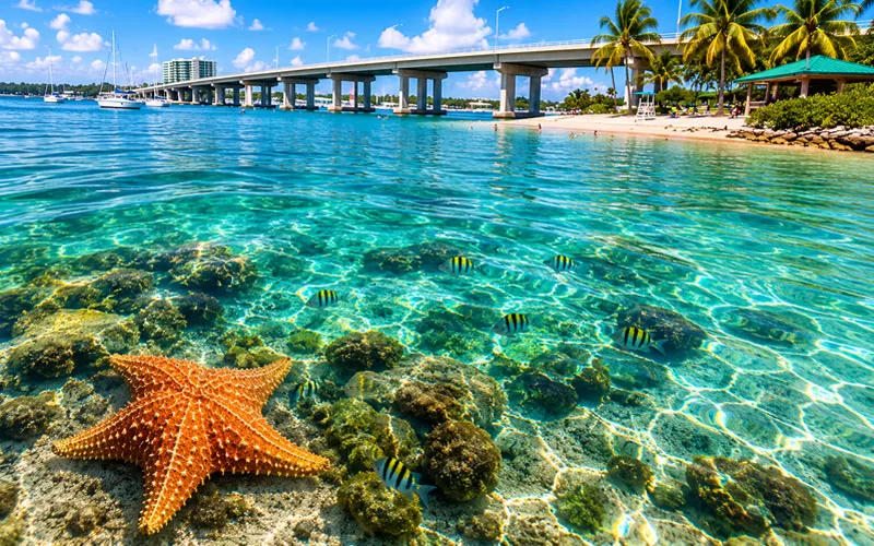 Starfish and tropical fish in clear water at Phil Foster Park near Blue Heron Bridge