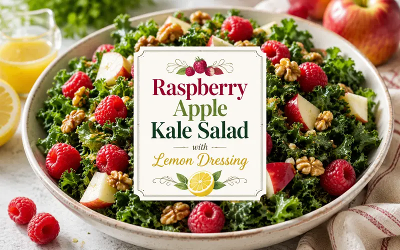 Fresh raspberry apple kale salad topped with toasted walnuts and a light lemon dressing.
