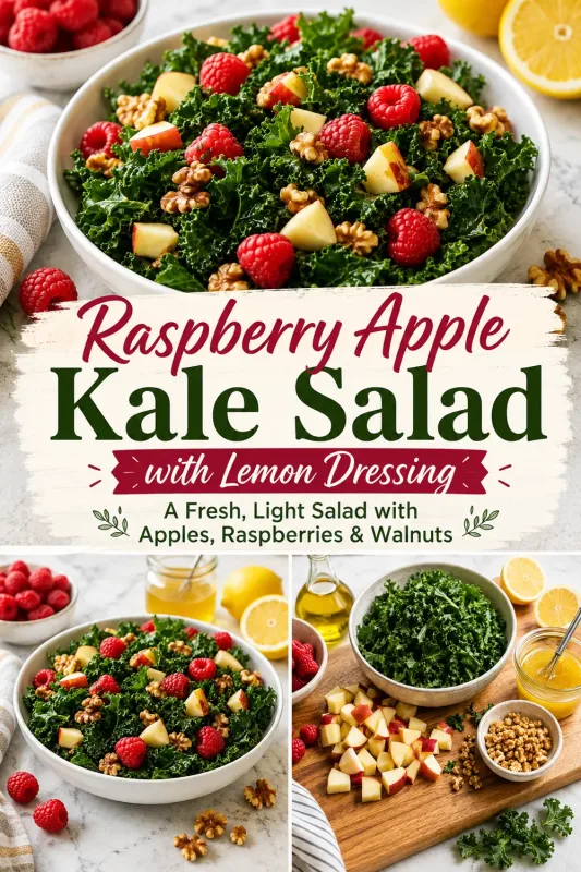 Raspberry apple kale salad with raspberries, apples, walnuts, lemon dressing, and fresh ingredients shown in three food scenes.