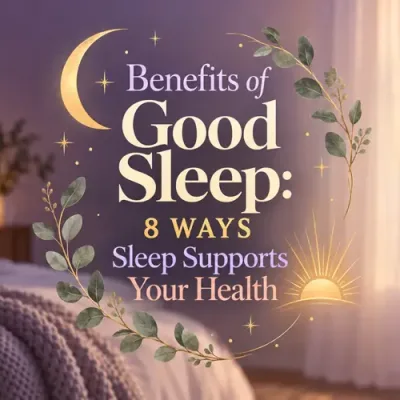 Benefits of good sleep article title surrounded by decorative moon and sunrise details