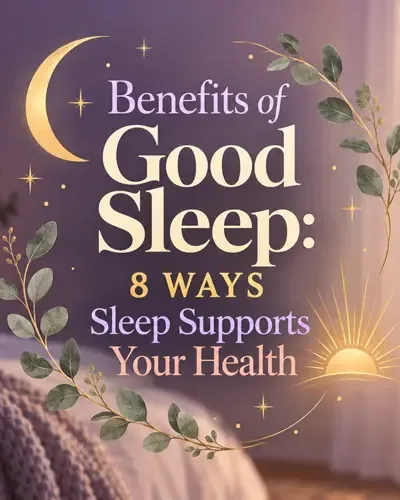 Benefits of good sleep article title surrounded by decorative moon and sunrise details