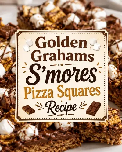 Golden Grahams S’mores Pizza Squares with marshmallows, chocolate pieces, cereal, and chocolate drizzle.