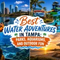Tampa water adventures featured image collage with kayaking, Adventure Island water park slides, aquarium marine life, and a tropical sunset beach scene surrounding a centered title graphic.