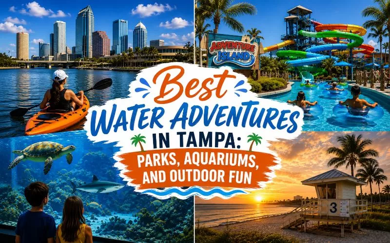 Tampa water adventures featured image collage with kayaking, Adventure Island water park slides, aquarium marine life, and a tropical sunset beach scene surrounding a centered title graphic.
