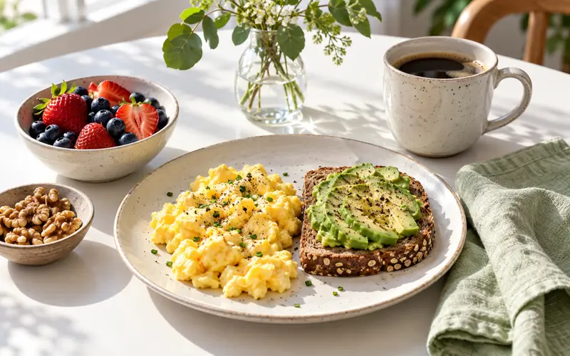 Brain-supporting breakfast with eggs, berries, walnuts, whole-grain toast, and coffee