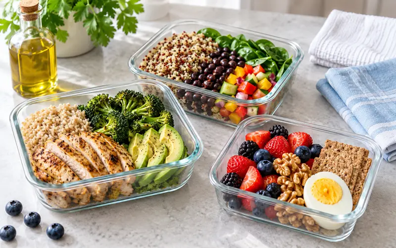 Balanced meals prepared with vegetables, beans, chicken, grains, berries, and nuts