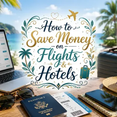 Travel planning scene with decorative text about saving money on flights and hotels