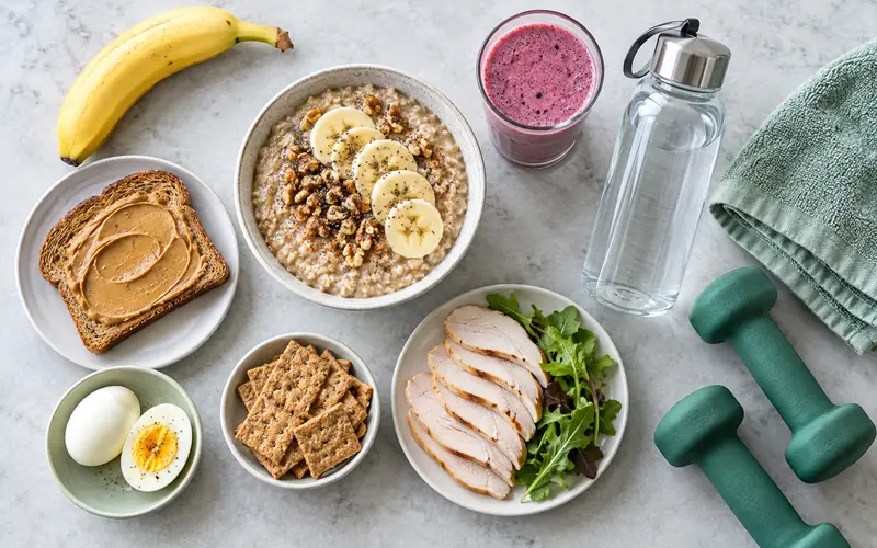 Pre-workout foods arranged beside dumbbells and a water bottle