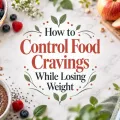 Balanced foods surrounding decorative text about controlling food cravings