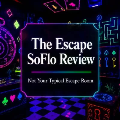 Featured image for The Escape SoFlo Review with a neon Alice in Wonderland inspired escape room background and centered title text.