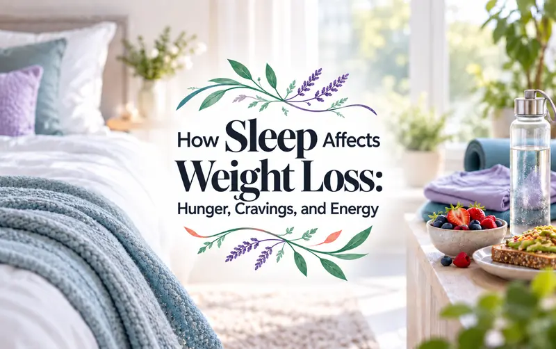 Peaceful bedroom and healthy morning essentials with the article title centered