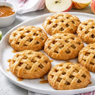 Caramel apple pie cookies with golden lattice crust, fresh apple filling, and salted caramel drizzle arranged on a white plate with sliced apples and cinnamon.