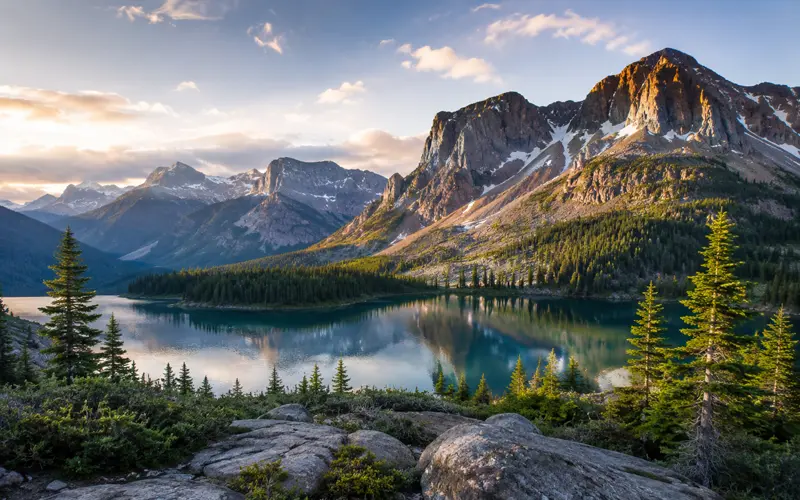Scenic mountain landscape with an alpine lake, evergreen forest, and snow-dusted peaks.