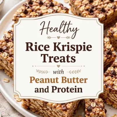 Healthy rice krispie treats with peanut butter and protein shown with oats, mini chocolate chips, light chocolate drizzle, and centered decorative title text.