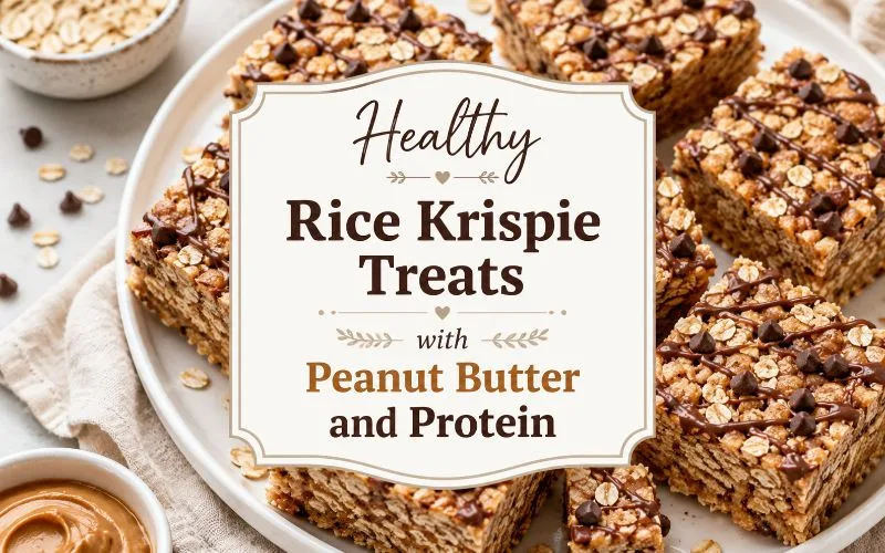 Healthy rice krispie treats with peanut butter and protein shown with oats, mini chocolate chips, light chocolate drizzle, and centered decorative title text.