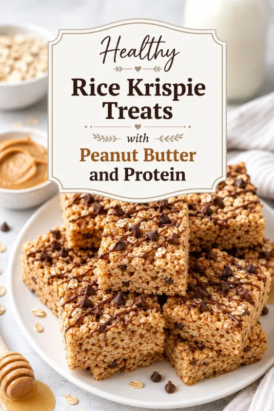 Stacked healthy rice krispie treats with peanut butter, oats, mini chocolate chips, light chocolate drizzle, honey, and centered decorative recipe title text.