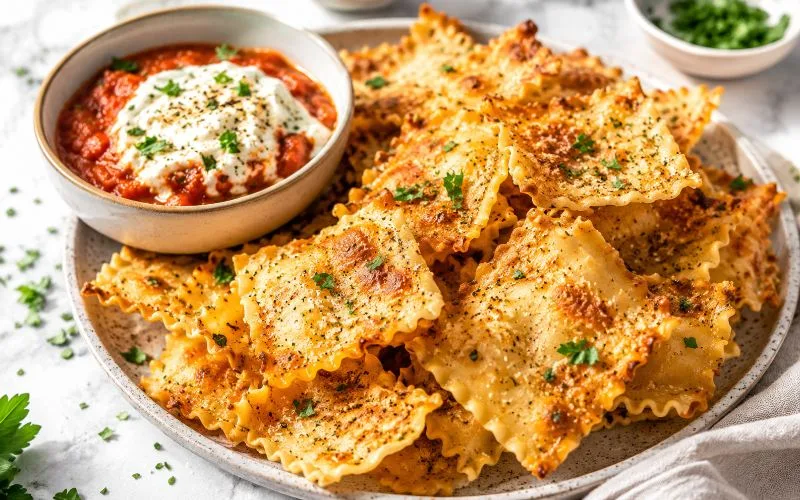 Crispy Parmesan garlic lasagna chips served on a platter with marinara ricotta dip, fresh parsley, and Italian herbs.