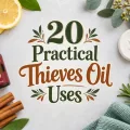 Thieves oil ingredients and household accessories surrounding the centered article title