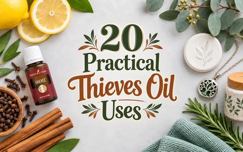 Thieves oil ingredients and household accessories surrounding the centered article title
