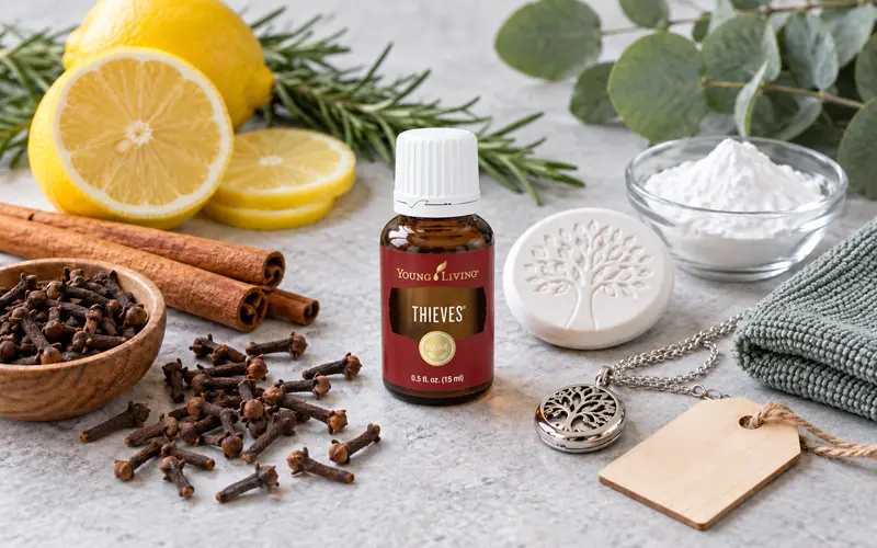 Bottle of Thieves oil surrounded by cloves, lemon, cinnamon, rosemary, eucalyptus, and practical household items