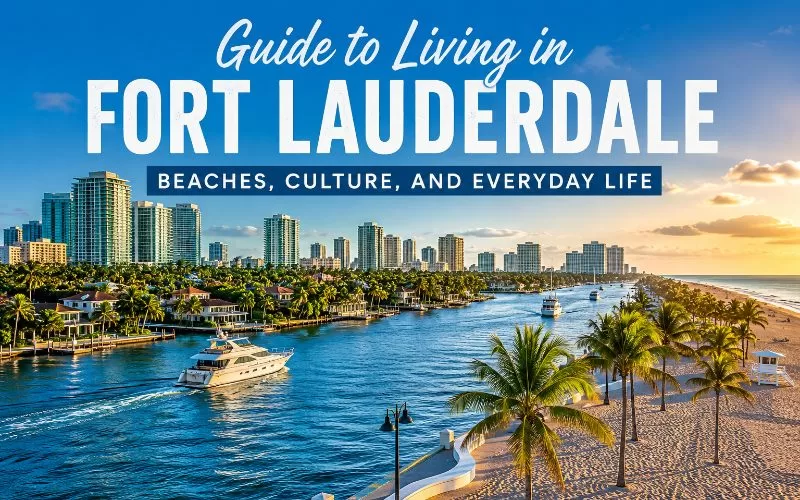Fort Lauderdale waterfront skyline with palm trees, boats, beaches, and downtown high-rise buildings at sunset featuring the title Guide to Living in Fort Lauderdale.