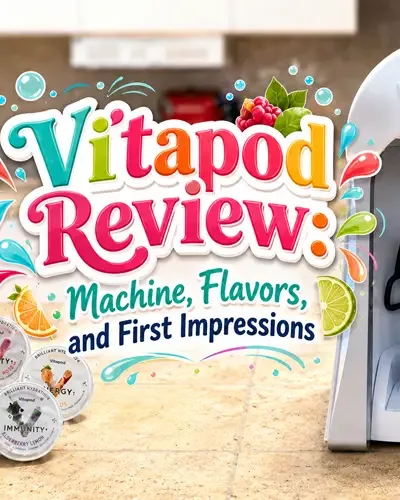 Colorful Vitapod review graphic with drink machine, reusable bottle, flavor pods, fruit, and water droplets
