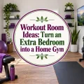 Organized home workout room with dumbbells, exercise bench, television, and centered Workout Room Ideas article title.