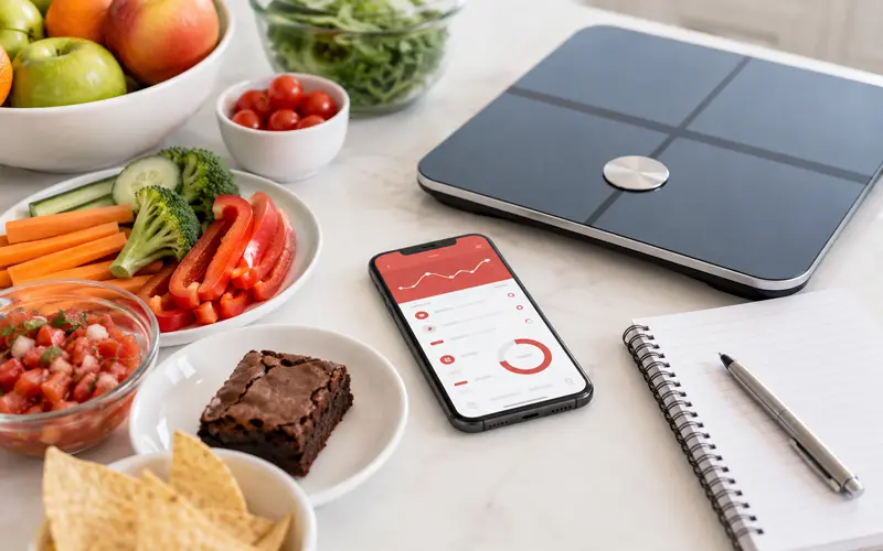 Balanced meal, small brownie, and food-tracking phone representing flexible eating habits.