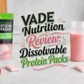 VADE Nutrition review featuring strawberry dissolvable protein packs and a prepared shake