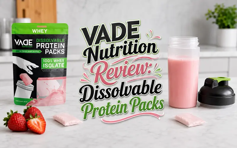 VADE Nutrition review featuring strawberry dissolvable protein packs and a prepared shake