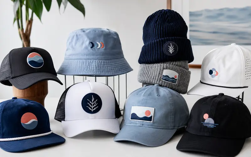 Custom baseball caps, trucker hats, beanies, and bucket hats featuring embroidered designs and decorative patches.