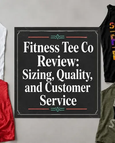 Fitness Tee Co shirts surrounding the title Fitness Tee Co Review: Sizing, Quality, and Customer Service