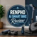 RENPHO AI Smart Bike Review title graphic over a modern home gym