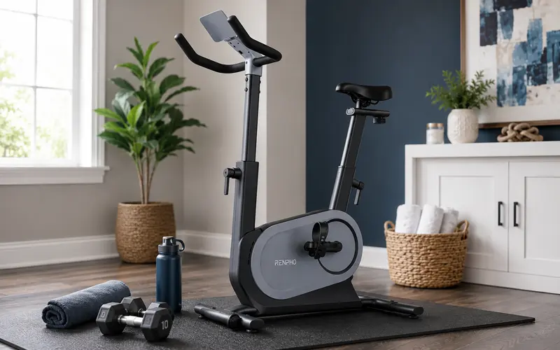 RENPHO AI Smart Bike in a modern home gym with workout accessories and navy blue decor